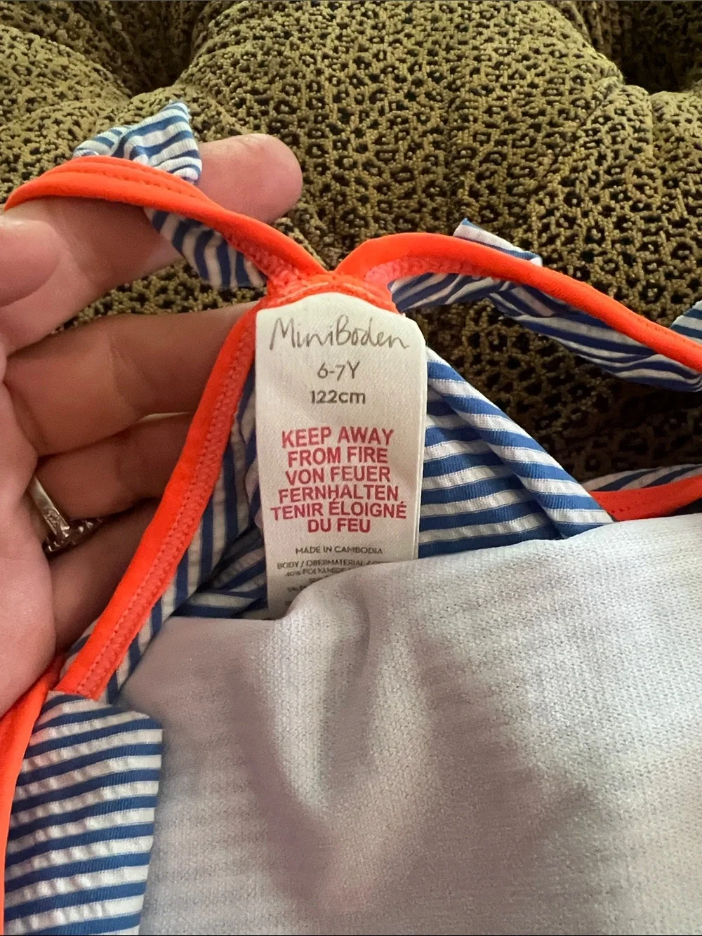 Mini Boden Girls One-Piece Swim - Navy & White Stripes with Orange Trim